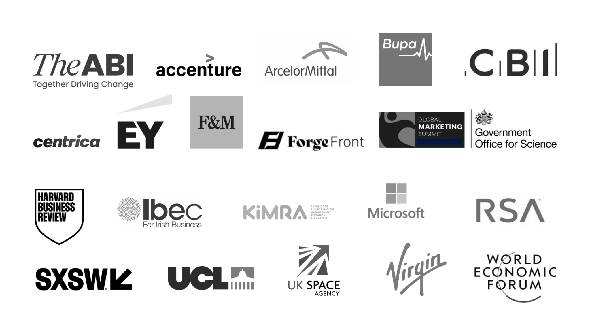 `Logos of organisations Athena Peppes has worked with, including Accenture, Microsoft, Bupa, EY, Harvard Business Review, World Economic Forum, Virgin, CBI, UCL, SXSW, ArcelorMittal, Centrica, RSA, UK Space Agency, Government Office for Science, Ibec, KIMRA, The ABI, F&M, ForgeFront, and the Global Marketing Summit